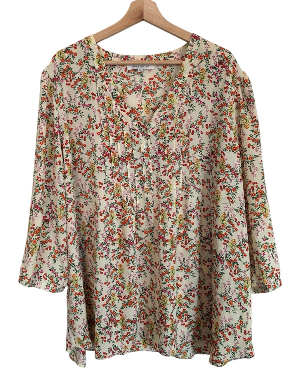 Rose + Olive Women’s Floral Split Neck 3/4 Sleeve Boho Tunic Blouse Womens 3X